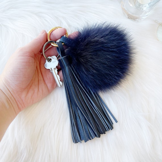 Genuine Envy Blue Fur Pompom With Blue Leather Tassel 