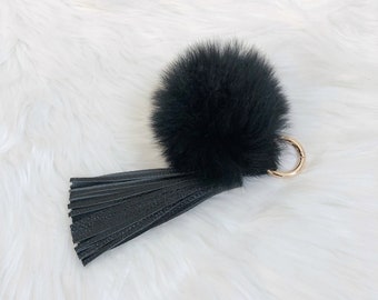 Black Fur Pompom with Black Leather Tassel Keychain/Bag Charm. Leather Tassel Key Fob. Fur Pompom Handbag Charm.