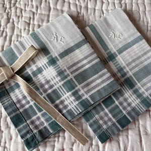 Two Large Vintage Swedish Cotton Check Handkerchiefs Green Grey White with Monogram AL