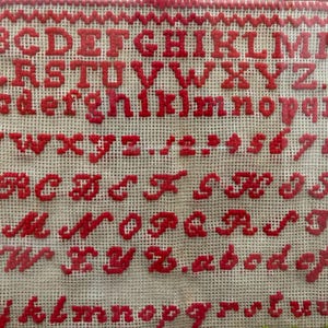 A Painted Wood Framed Glazed Antique Victorian Cross Stitch Sampler 1900  57 x 40 cm
