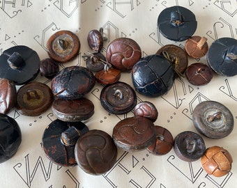 An Assortment of 27 Vintage Antique Leather Buttons Vintage Brown Leather Buttons 15- 26 mm