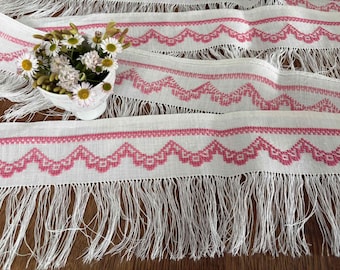 Vintage Swedish Cross Stitch Linen Curtain Valance Pink Flower Garlands 292  x 16 cm