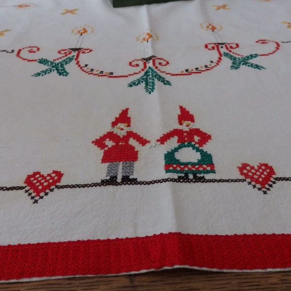 Swedish Christmas Tablecloth Vintage Hand Embroidered Jul Tomtar Christmas Elves Candles Bells Hearts 113 x 110 cms