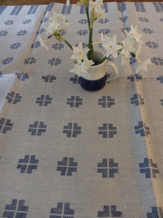 Vintage Swedish Linen Small Square Tablecloth Blue Pale Grey Image 0
