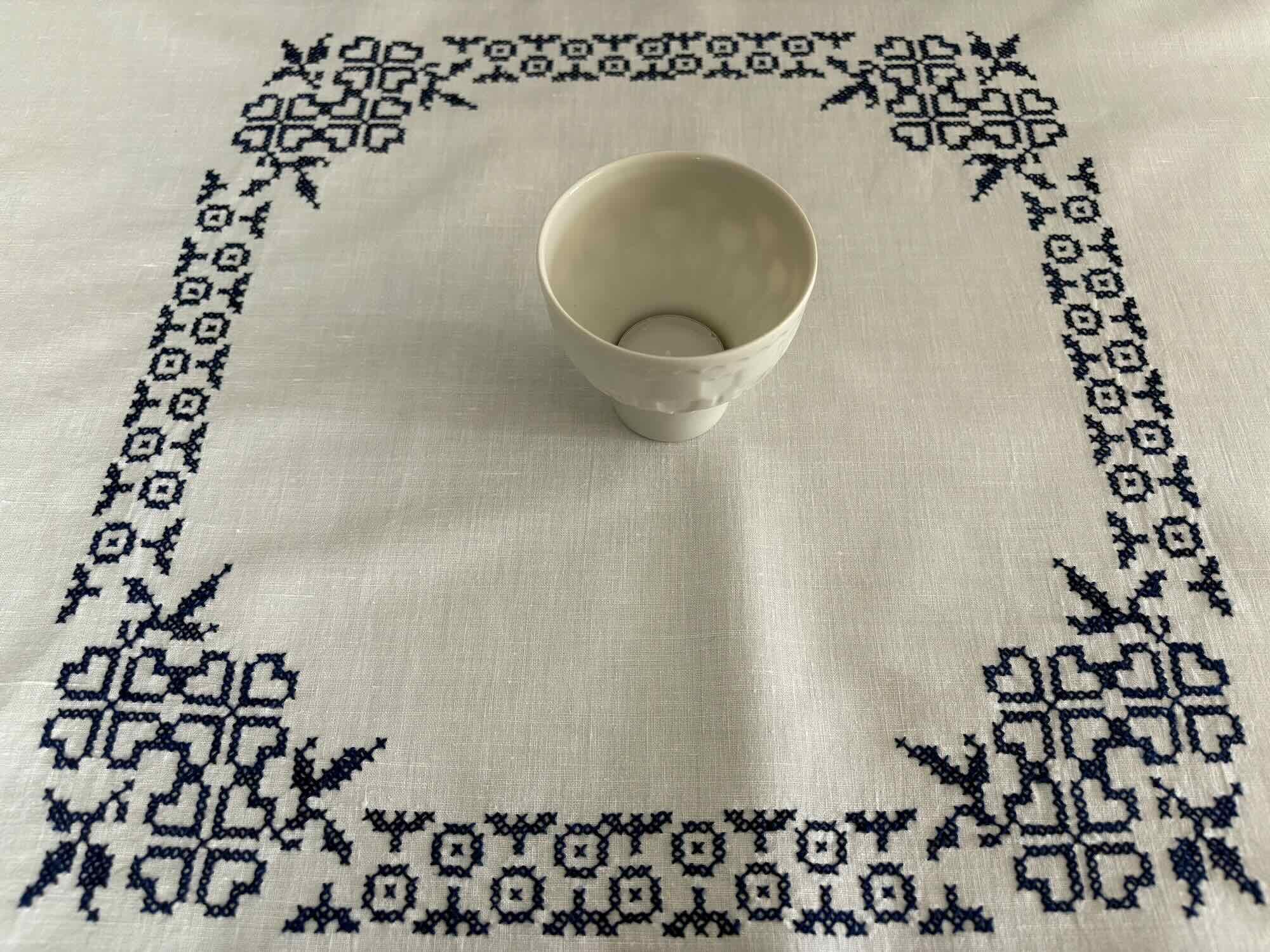Vintage Swedish Cross Stitch Tablecloth Navy Blue on White 80 X