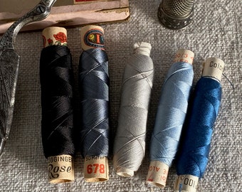 Five Unused  Spools of Vintage Silk Thread Blues Greys and Black