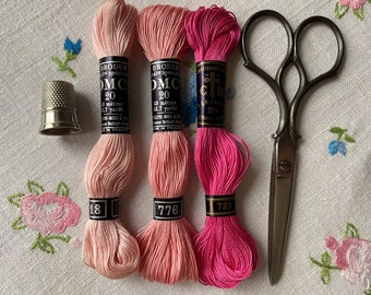 Three Unused Skeins of Vintage French Cotton Embroidery Thread Cartier Bresson and DMC 20 in Three Shades of Pink