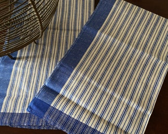 A Pair of Unused Vintage Linen and Cotton Tea Towels with Blue Ticking Stripes