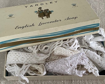 A Vintage Yardley's  English Lavender Soap Box filled with 10+  Metres of Pieces of Vintage French Lace