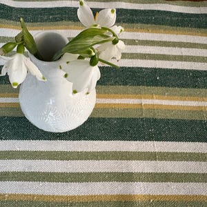 Handwoven Swedish Table Runner Shades of Green Mustard and Off White