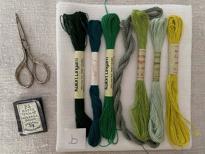 Slow Stitch Kit with Seven Skeins of Vintage Linen Embroidery Thread Greens Yellows Oranges and a piece of Antique Handwoven Swedish Linen image 3