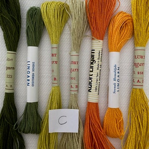 Slow Stitch Kit with Seven Skeins of Vintage Linen Embroidery Thread Greens Yellows Oranges and a piece of Antique Handwoven Swedish Linen image 9