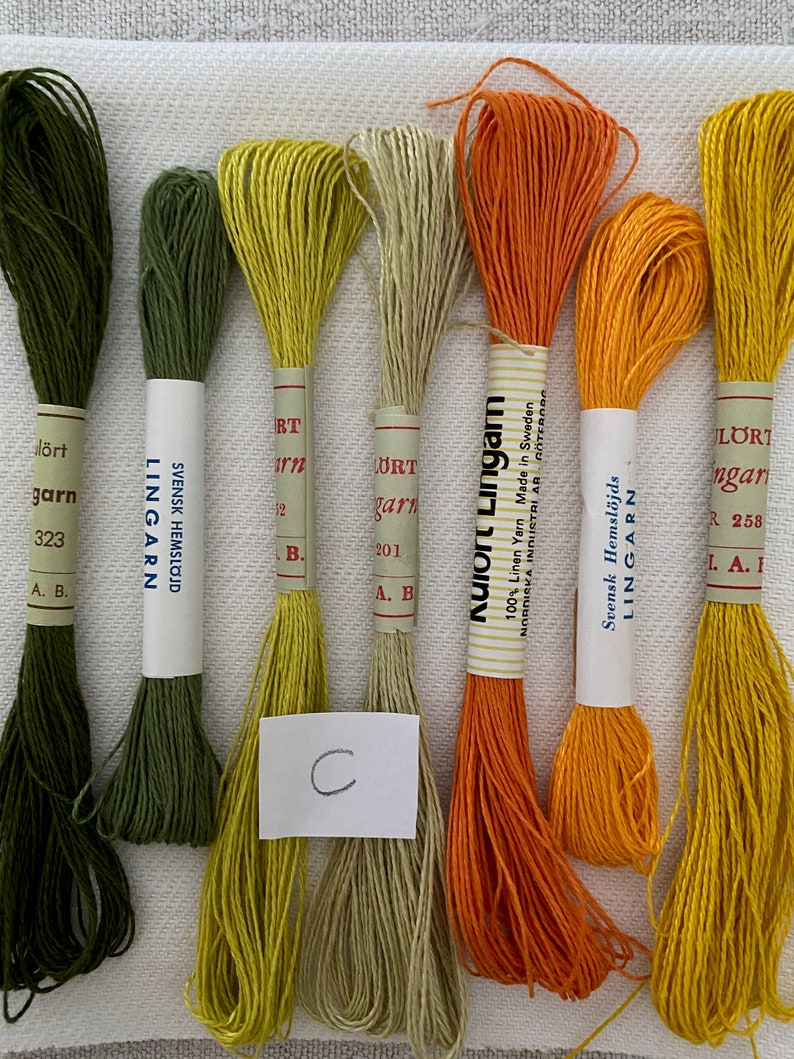 Slow Stitch Kit with Seven Skeins of Vintage Linen Embroidery Thread Greens Yellows Oranges and a piece of Antique Handwoven Swedish Linen image 9