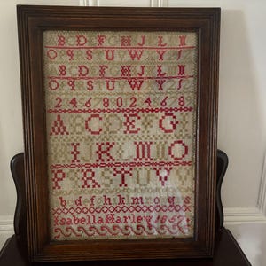 An Oak Framed Glazed Antique Scottish Child&#39;s Cross Stitch Sampler Isabella Harley 1857  44 x 33.5 cm