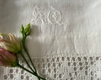 A Vintage Swedish Handwoven Linen Pillowcase with Lace Insert and Monogram White on White