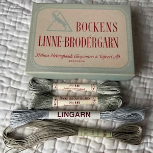 以下が含まれることがあります： BOCKENS LINNE-BRODERGARN刺繍糸のヴィンテージボックス。3つの糸巻きが入っています。ボックスは水色で赤い文字が書かれています。糸巻きには番号16とLINGARNの文字がラベルされています。糸はグレーの色合いです。