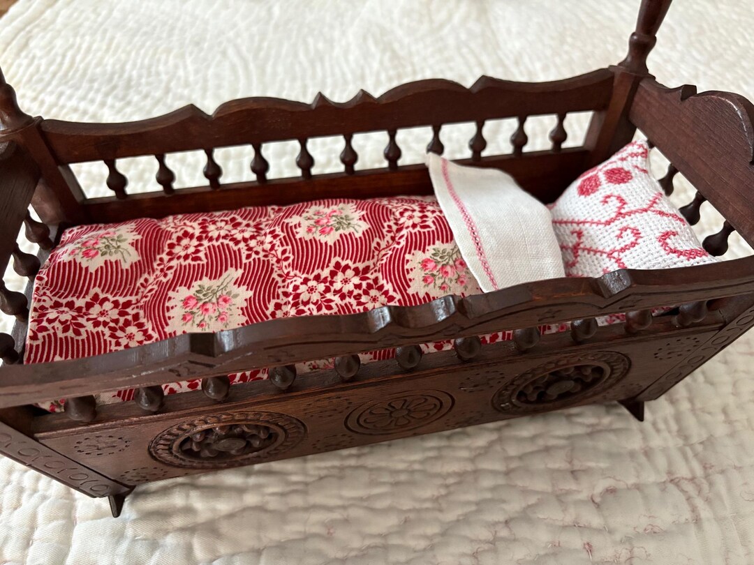 Vintage French Doll's Bed Doll's Rocking Cradle With Hand Stitched ...