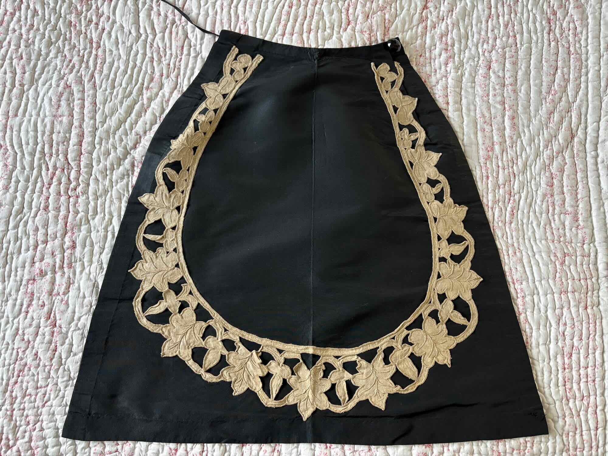 Antique Victorian Hand Stitched Black Silk Satin Apron With Cut