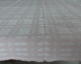 Vintage Swedish Rectangular Linen Tablecloth Dusky Pink and White 149 x 118 cm Thick and Heavy