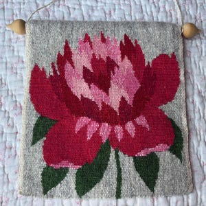 Delightful Vintage Swedish Handwoven Wool Tapestry Flemish Weave Wall Hanging of a Pink and Red Flower