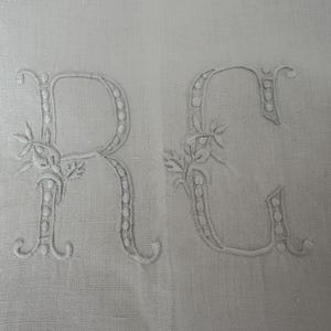 Antique French Heavy Double Linen Sheet with Monogram R G Hand Embroidery Drawn Thread Work Needle Lace Dress Sheet Top Sheet 235 x 339 cm