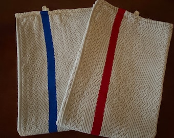 A Pair of  Unused French Vintage Woven Tea Towels Red Stripes Blue Stripes