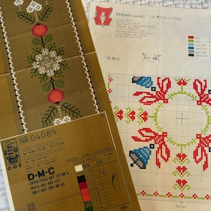 Two Vintage Danish Permin and OOE DMC Cross Stitch Embroidery Charts for Christmas Table Runners