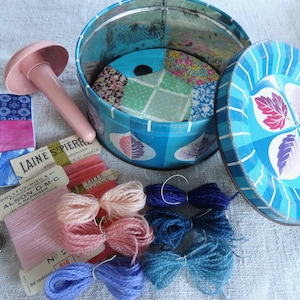 Darning Kit Vintage Quality Street Tin filled with a Vintage Pink Bakelite Darning Mushroom and Darning Threads and Patchwork Needlecase