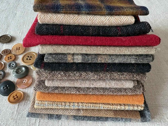 A Bundle of 14 Vintage Wool Pieces and Vintage Workwear Buttons  for Textile Projects Collage Scrapbooking