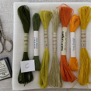 Slow Stitch Kit with Seven Skeins of Vintage Linen Embroidery Thread Greens Yellows Oranges and a piece of Antique Handwoven Swedish Linen image 7