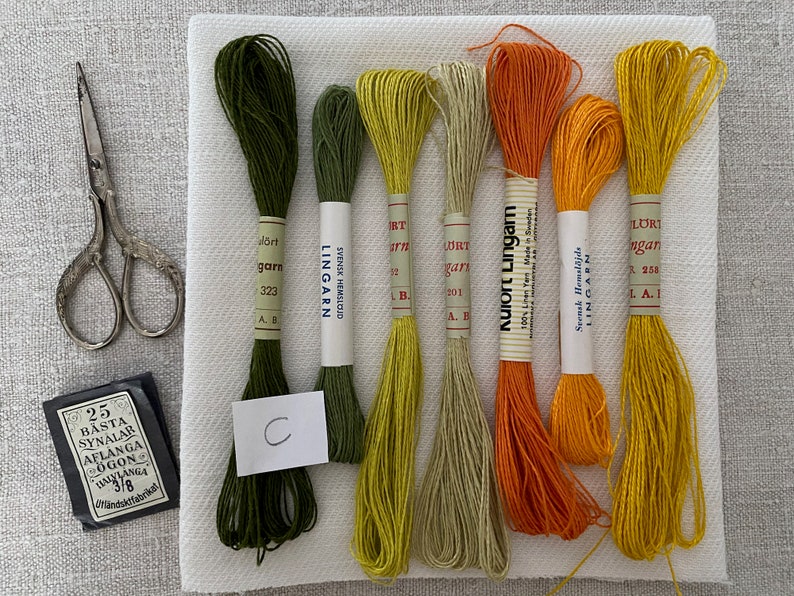 Slow Stitch Kit with Seven Skeins of Vintage Linen Embroidery Thread Greens Yellows Oranges and a piece of Antique Handwoven Swedish Linen image 7