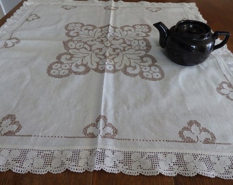 Embroidered Linen Tablecloth Vintage Swedish Square with Lace Edging
