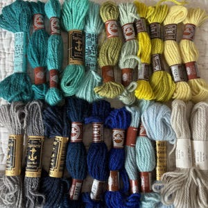 22 Skeins of Wool Tapestry Thread Anchor Tapisserie DMC Appleton Shades of Blue Turquoise Yellow Grey