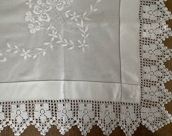 Delightful Small Square White Cotton Tablecloth White on White Embroidery Lace Trimmed 104 x 104 cm