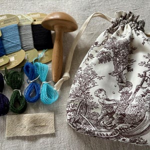 May include: A selection of craft supplies, featuring spools of blue, grey, and black thread, a wooden mushroom-shaped tool, and a drawstring bag with a toile design. There are also bundles of blue and green yarn, and a small piece of beige fabric.