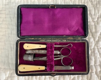 Small Antique Leather Sewing Case with Sewing and other Tools  14 x 6.8 x 2.5 cm