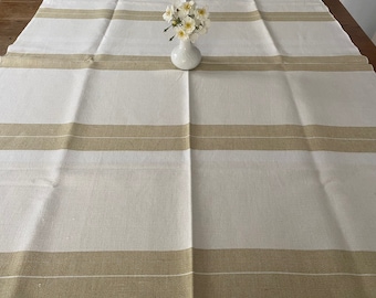 Unusually Wide Simple and Stylish Handwoven Vintage Swedish Table Runner Cream with Mustard Stripes 134 x 90 cm