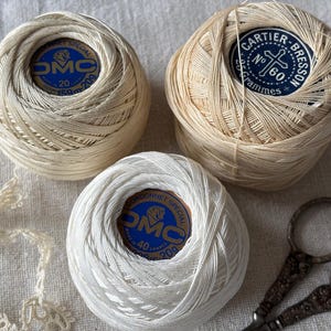 Three Spools of Unused Vintage Cotton Thread for Crochet Tatting Lacemaking DMC 20 DMC 40 and Cartier Bresson 60