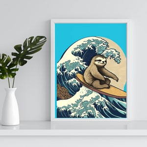Sloth surfing on wave in Japanese art style  - instant download, png file , digital download, transparent background