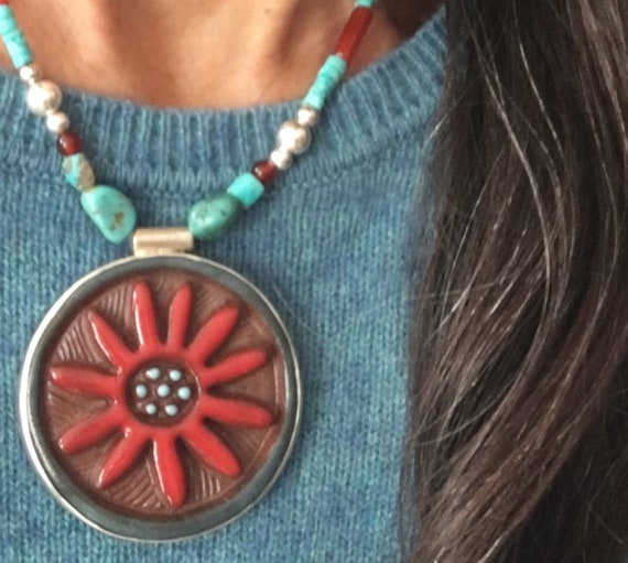 Hand Carved Turquoise Flower Pendant Necklace