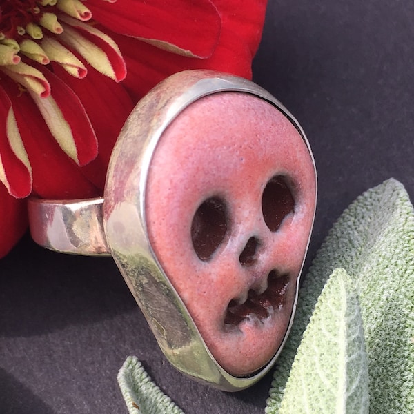 Handmade Flamingo PINK skull ring /Clay tile + sterling silver / Fun Women's statement ring / Day of the dead jewelry / sugar skull / Size 6