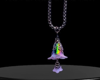 Iridescent Lucite Bell Flower on Stainless Steel Chain