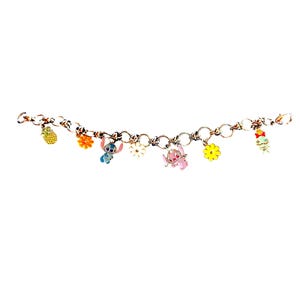 May include: A gold-colored charm bracelet featuring colorful enamel charms. Charms include a pineapple, flowers, and cartoon characters. The bracelet is on a white background.