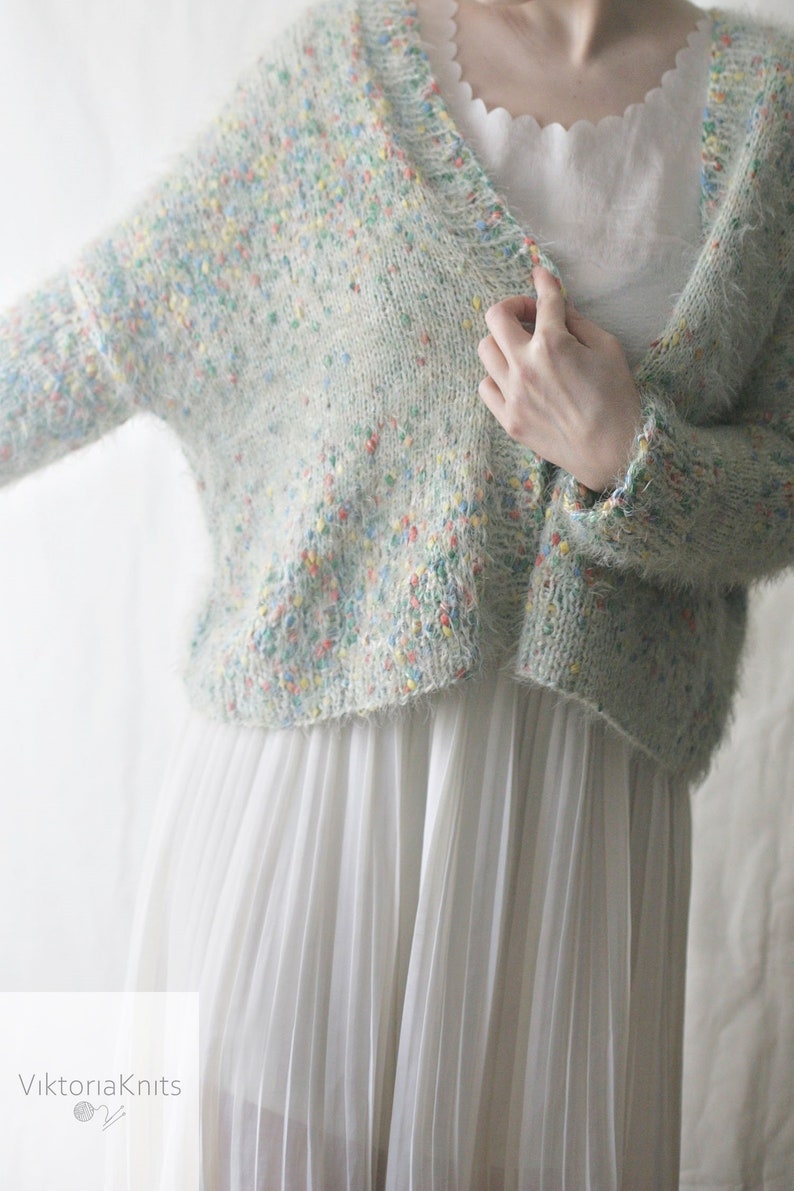 Colorful bumps S-M Cotton and silk cardigan of effect yarn knitted with silk and cotton