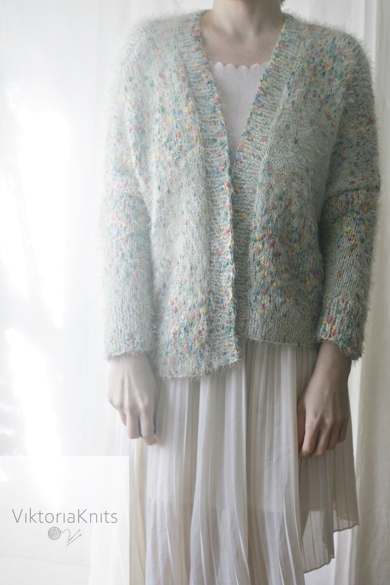 Colorful bumps S-M Cotton and silk cardigan of effect yarn knitted with silk and cotton