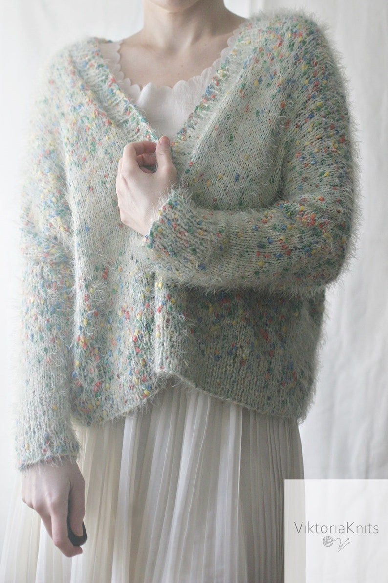 Colorful bumps S-M Cotton and silk cardigan of effect yarn knitted with silk and cotton