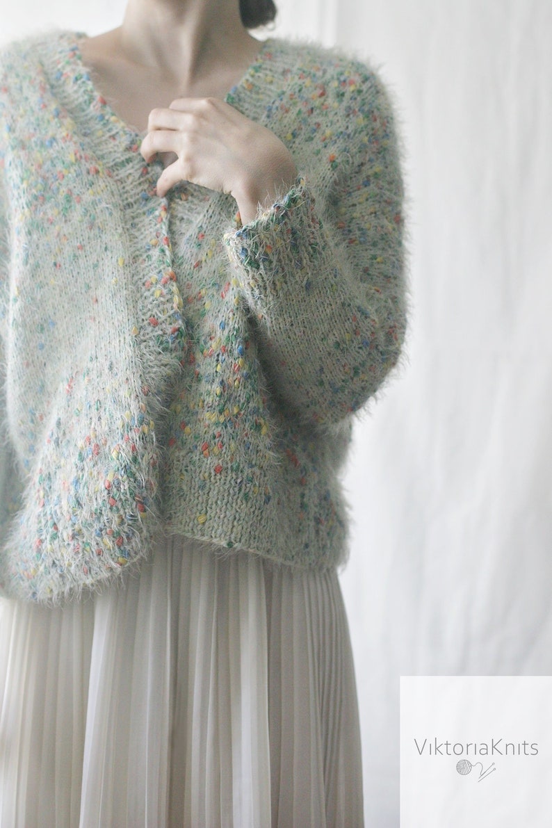 Colorful bumps S-M Cotton and silk cardigan of effect yarn knitted with silk and cotton