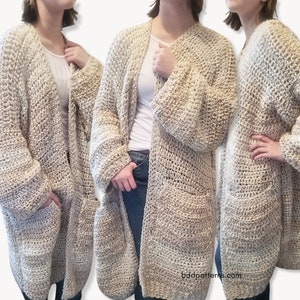 ロングクロシェカーディガンのパターン：ポケット付きチャンキーセーターコート（即時ダウンロード）