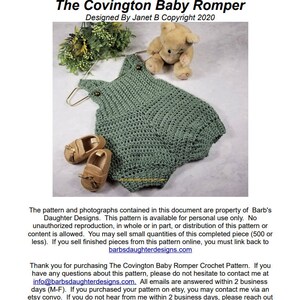 May include: A crochet baby romper pattern in green with a teddy bear and booties. The pattern is available for personal use only. The pattern is available for purchase at barbsdaughterdesigns.com.