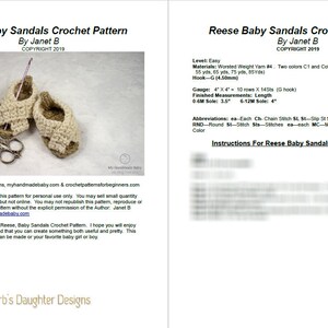 May include: A crochet pattern for making baby sandals. The pattern includes instructions for making sandals in two colors, with a gauge of 4 inches by 4 inches. The pattern is easy to follow and includes abbreviations for common crochet stitches.